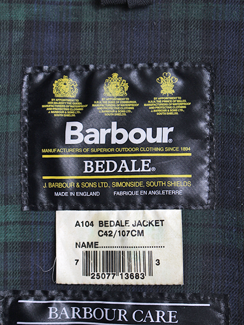 Barbour 旧3ワラント BEDALE ブラック サイズ42 バブアー ビデイル