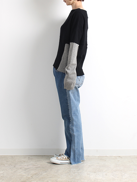 カシミアリメイクパッチワークセーターブラック着画横