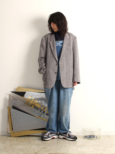 【USED】DAMAGED JAPANESE GRAY CHECK TAILORED JACKET 'HAI VASERON'  ダメージ加工日本グレーチェックテーラード