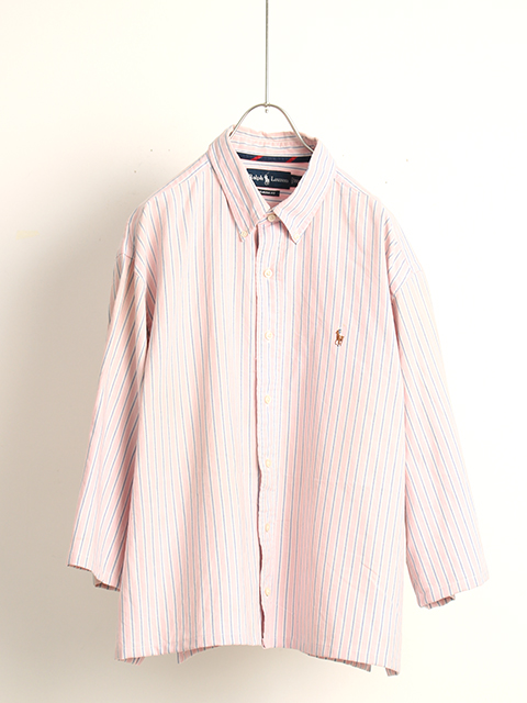 【USED】RALPH LAUREN HALF SLEEVE BUTTON DOWN CLASSIC XXL-PINK STRIPE  ラルフローレンハーフスリーブボタンダウン